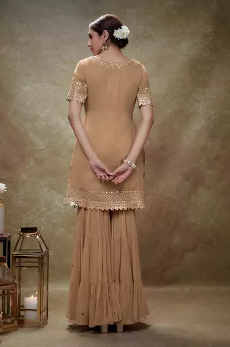 Beige fawn mirror work gota  kurta sharara set