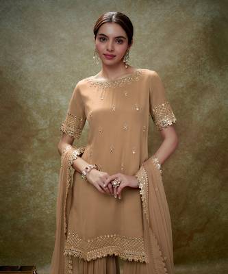 Beige fawn mirror work gota  kurta sharara set 4