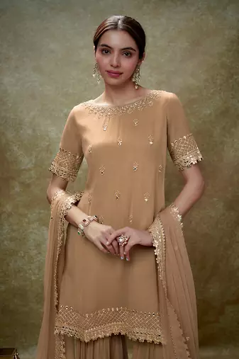 Beige fawn mirror work gota  kurta sharara set