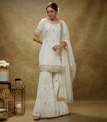 Ivory Viscose Sharara Set With Sequins Embroidery