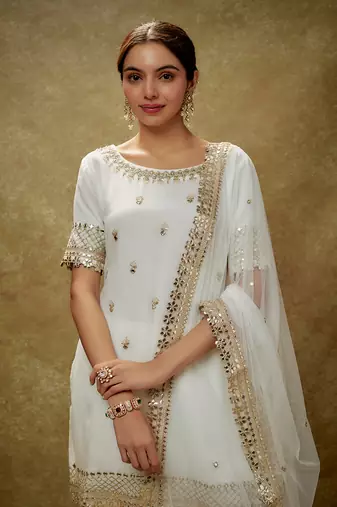 Ivory Viscose Sharara Set With Sequins Embroidery