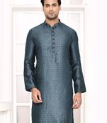 cotton silk blend thread woven embroidered work straight grey festive kurta for men