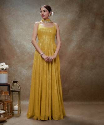 Yellow haldi & gold sequin anarkali gown 1