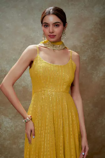 Yellow haldi & gold sequin anarkali gown
