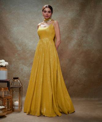 Yellow haldi & gold sequin anarkali gown 4