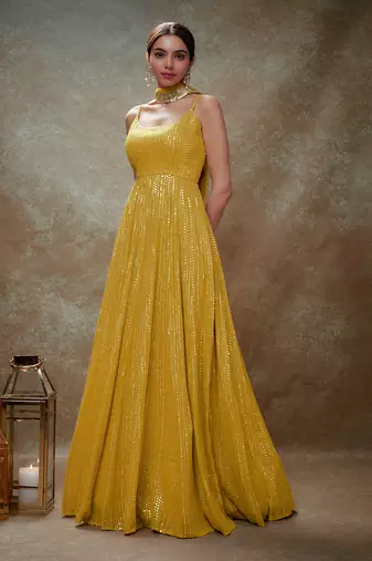 Yellow haldi & gold sequin anarkali gown