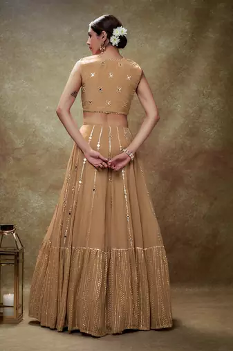 Beige Fawn mirror work sequin  lehenga set