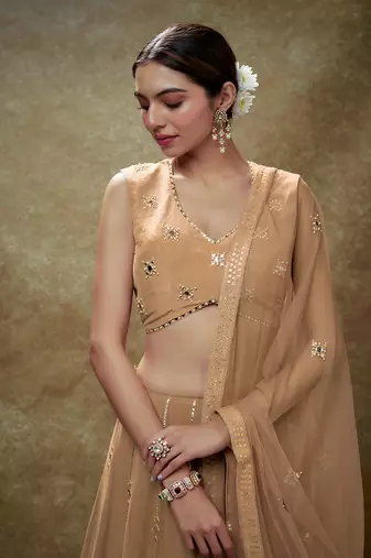 Beige Fawn mirror work sequin  lehenga set