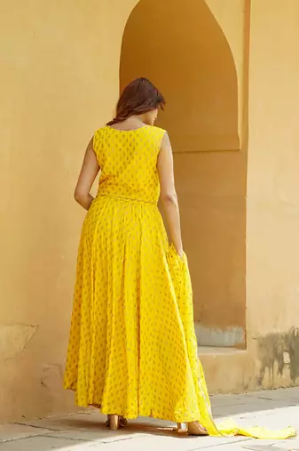 Yellow Gold Print Lehenga Choli With Dupatta