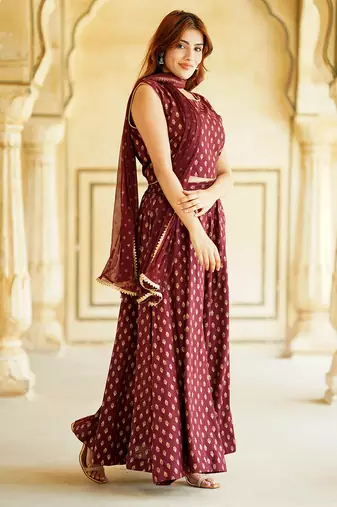 Maroon Gold Print Lehenga Choli With Dupatta