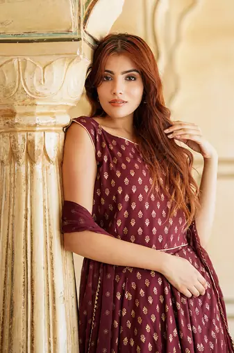 Maroon Gold Print Lehenga Choli With Dupatta