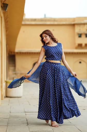 Jaitpuriya Blue Gold Print Lehenga Choli With Dupatta