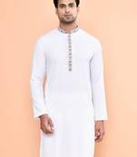 Maahi fabs cotton blend solid regular full sleeve diwali fesntive occasion white kurta for men