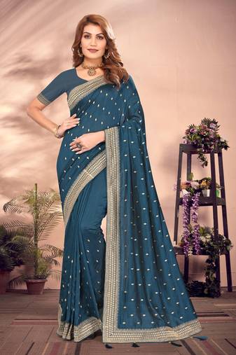 Morpeach designer zari embroidery work blooming silk saree