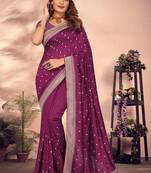 Wine designer zari embroidery work blooming silk saree