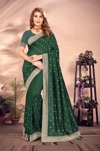 Green designer zari embroidery work blooming silk saree