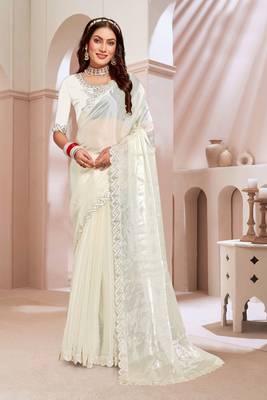 Cream handwork zarkan cutwork border silk saree 1
