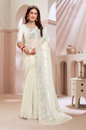 Cream handwork zarkan cutwork border silk saree
