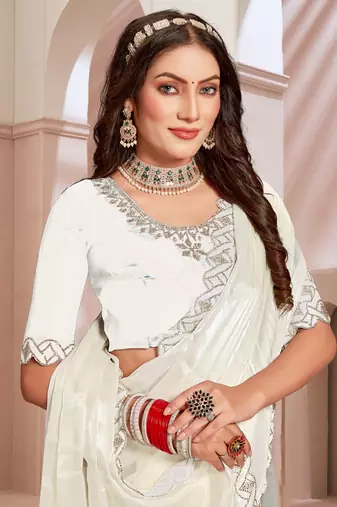 Cream handwork zarkan cutwork border silk saree