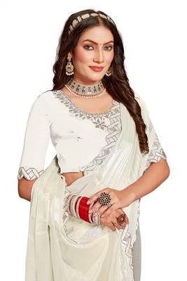 Cream handwork zarkan cutwork border silk saree 4