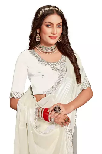Cream handwork zarkan cutwork border silk saree