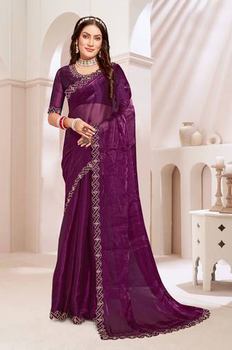 Wine handwork zarkan cutwork border Burbury silk saree