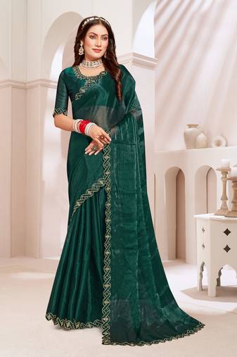 Rama green handwork zarkan cutwork border silk saree