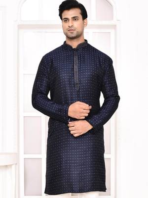 cotton silk blend thread woven embroidered work straight navyblue festive kurta for men 1