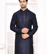 cotton silk blend thread woven embroidered work straight navyblue festive kurta for men