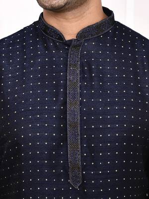 cotton silk blend thread woven embroidered work straight navyblue festive kurta for men 2