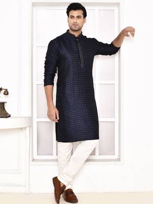 cotton silk blend thread woven embroidered work straight navyblue festive kurta for men 3