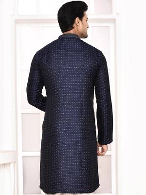 cotton silk blend thread woven embroidered work straight navyblue festive kurta for men 4