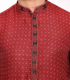 cotton silk blend thread woven embroidered work straight maroon festive kurta for men