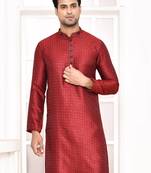 cotton silk blend thread woven embroidered work straight maroon festive kurta for men