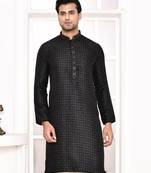 cotton silk blend thread woven embroidered work straight black festive kurta for men