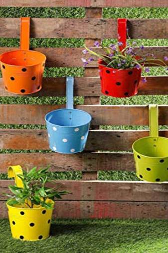 Voidrop Set of 5 Black Polka Dotted Galvanised Metal Mug with Hooks stand | Flower/Plants Mug for Hanging in Balcony