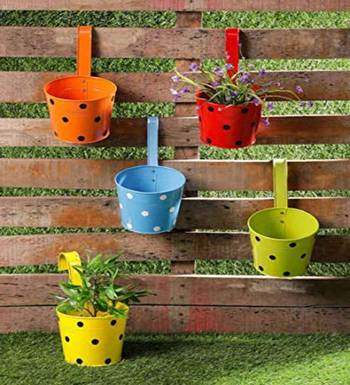 Voidrop Set of 5 Black Polka Dotted Galvanised Metal Mug with Hooks stand | Flower/Plants Mug for Hanging in Balcony 1