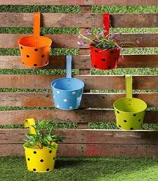 Voidrop Set of 5 Black Polka Dotted Galvanised Metal Mug with Hooks stand | Flower/Plants Mug for Hanging in Balcony