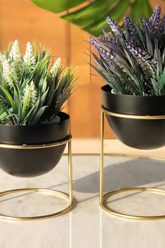 Voidrop Set of 2 Metal Plant Pot with Stand | Flower Pot with Gold Metal Stand for Herbs Orchids Cacti Succulents