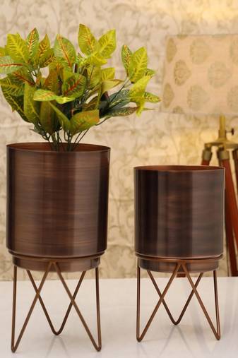 Voidrop Elle Antique Bronze Metal Planter with Stand |Pack of 2  Planters for Living Room