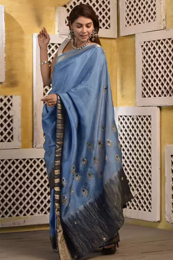 Blue shaded hand embroidered saree with blouse piece