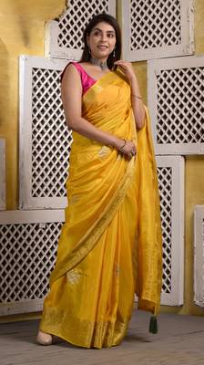 Mustard yellow hand embellished pittan work silk saree with blouse piece 1