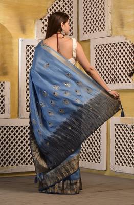 Blue shaded hand embroidered saree with blouse piece 3