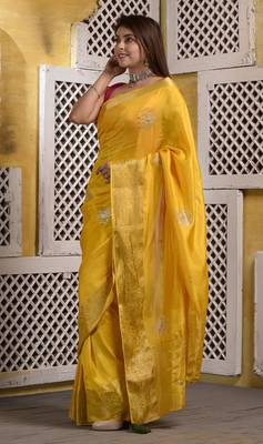 Mustard yellow hand embellished pittan work silk saree with blouse piece 2