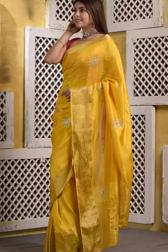 Mustard yellow hand embellished pittan work silk saree with blouse piece