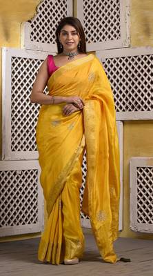 Mustard yellow hand embellished pittan work silk saree with blouse piece 3