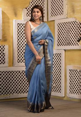 Blue shaded hand embroidered saree with blouse piece 4