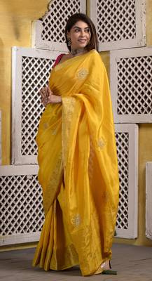 Mustard yellow hand embellished pittan work silk saree with blouse piece 4
