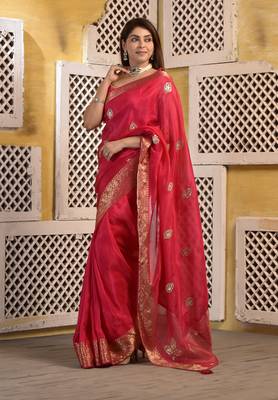 Pink silk saree with gota and zari work with blouse piece 1