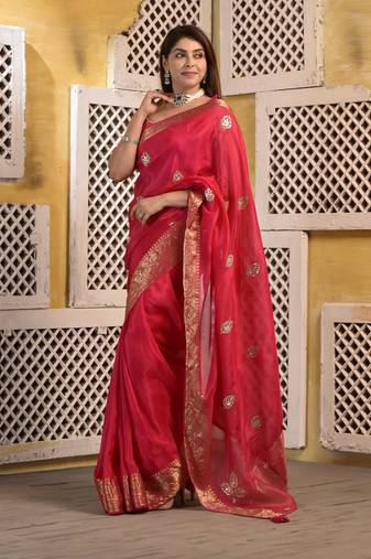 Pink silk saree with gota and zari work with blouse piece